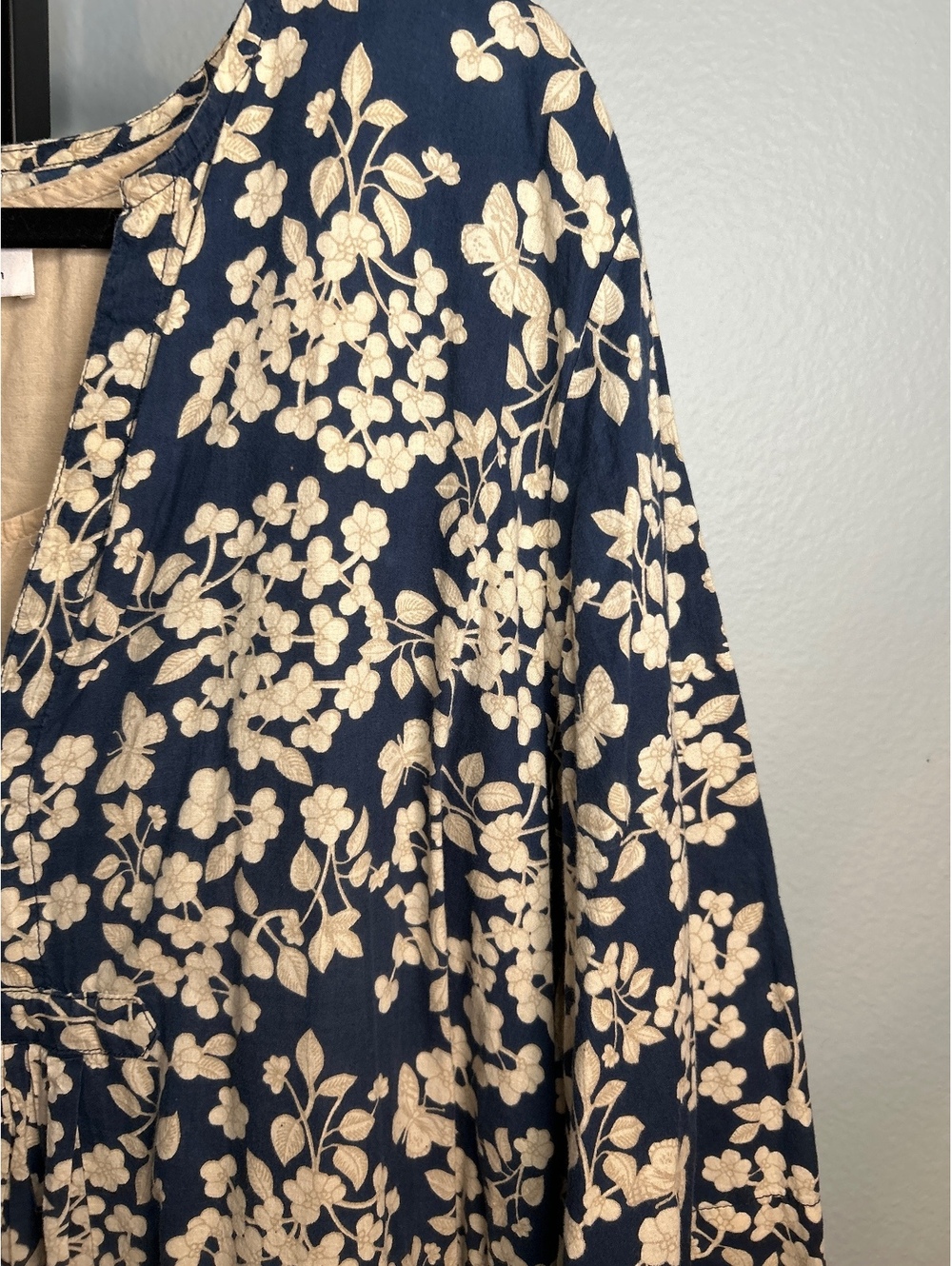Expressions 2X Navy Blue and Cream Floral Dress with Beige Slip